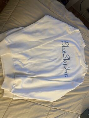 Blue Sky White Crewneck Sweater with Blue Script Logo